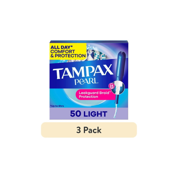 (3 pack) Tampax Pearl Tampons with LeakGuard Braid, Light Absorbency, 50 Count