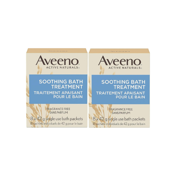 Aveeno Fragrance Free Soothing Bath Treatment, 100% Natural Colloidal Oatmeal, Sensitive Skin Bath Soak for Relief of Dry, Itchy, Irritated Skin Due to Eczema & Hives, Bath Packets, 8 ct. (Pack of 2)