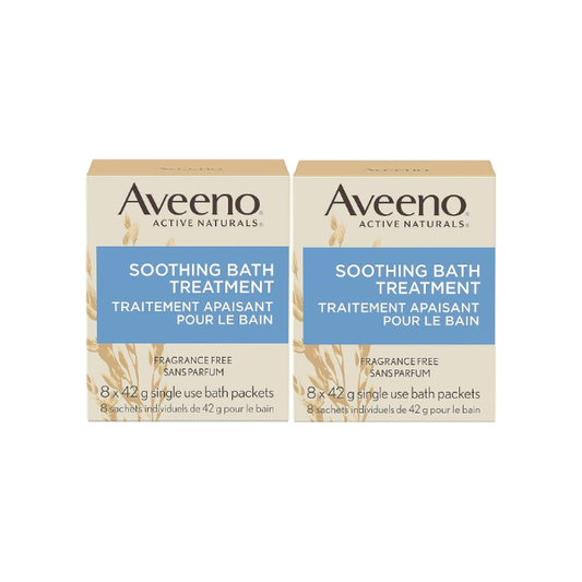 Aveeno Fragrance Free Soothing Bath Treatment, 100% Natural Colloidal Oatmeal, Sensitive Skin Bath Soak for Relief of Dry, Itchy, Irritated Skin Due to Eczema & Hives, Bath Packets, 8 ct. (Pack of 2)