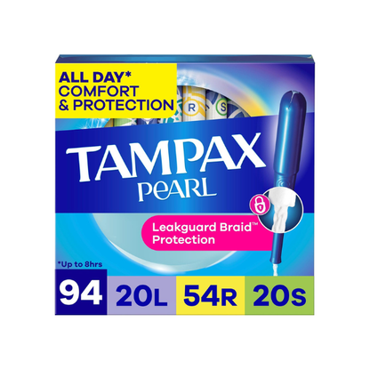 Tampax Pearl Tampons for Women Multipack, with LeakGuard Braid, Light/Regular/Super Absorbency, Unscented, 94 Count (2 Packs of 47) (Packaging May Vary)