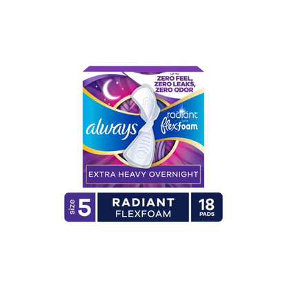 Always Radiant with FlexFoam Pads, Size 5, Extra Heavy Overnight, Wings, 18 Count