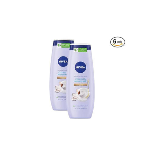 NIVEA Pampering Coconut and Almond Milk Body Wash with Nourishing Serum,Moisturizing Body Wash for Women,Enriched with Provitamin B5 and Vitamin E,20 Fl Oz Bottle,(Pack of 6)