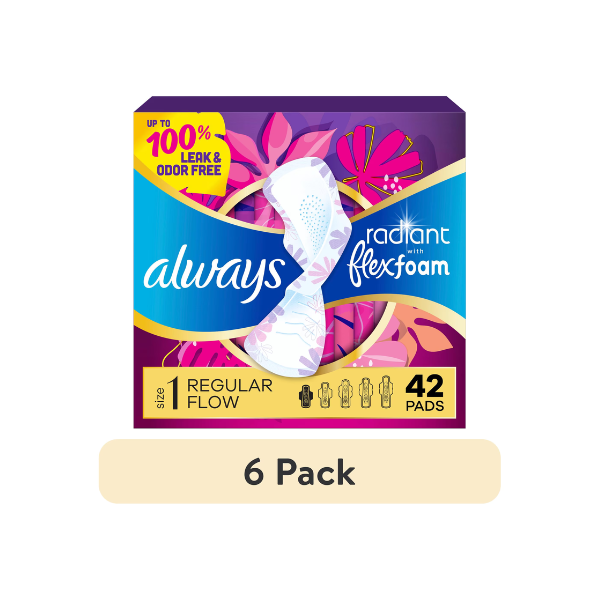 (6 pack) Always Radiant with FlexFoam Pads, Size 1, Regular, Wings, 42 Count
