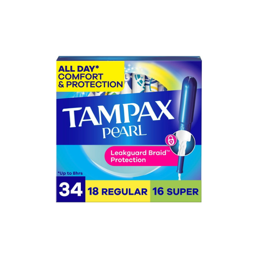 Tampax Pearl Tampons Duo Multipack with LeakGuard Braid, Regular/Super Absorbency, 34 Count