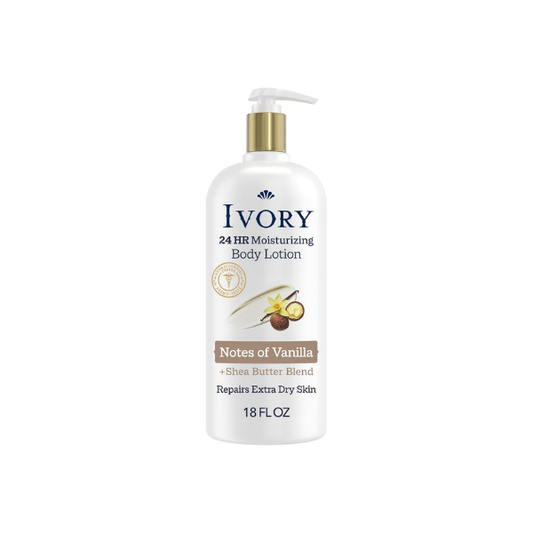 Ivory Hand & Body Lotion, 24hr Moisturizing, Repairs Extra Dry Skin, All Day Hydration, Lightweight Formula, Absorbs Instantly, Perfect for Daily Use, Shea Butter Blend, Vanilla Scent, 18 fl oz