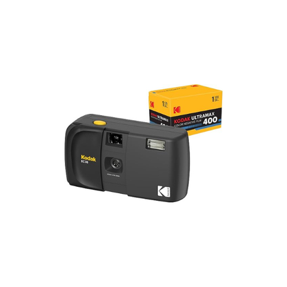 KODAK EC35 35mm Film Camera 35mm, Reusable, Focus-Free, Built-in Flash, Slide Cover, Beginner Friendly (Midnight Black) Bundle with Kodak Ultramax 400/24EXP 35mm Roll Film