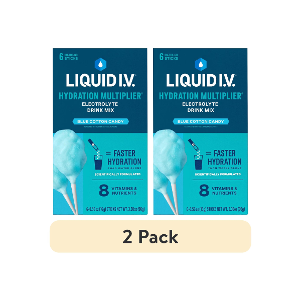 (2 pack) Liquid I.V. Blue Cotton Candy Hydration Multiplier Powdered Electrolyte Drink Mix, 6 Count Packets