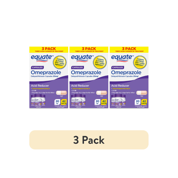(3 pack) Equate Omeprazole Delayed-Release Acid Reducer Capsules, 20 mg, 42 Count