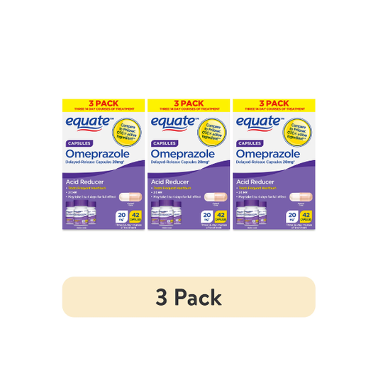 (3 pack) Equate Omeprazole Delayed-Release Acid Reducer Capsules, 20 mg, 42 Count