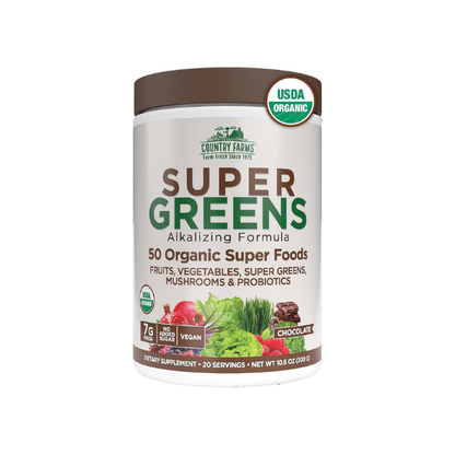 Country Farms Organic Super Greens Powder, Daily Greens Drink Mix with 50 Organic Superfoods, Fruits, Vegetables, Fiber, Mushrooms & Probiotics for Gut Health, Digestion & Energy, Chocolate Flavor