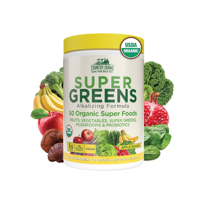 Country Farms Organic Super Greens Powder, Daily Greens Drink Mix with 50 Organic Superfoods, Fruits, Vegetables, Fiber, Mushrooms & Probiotics for Gut Health, Digestion & Energy, Banana Flavor