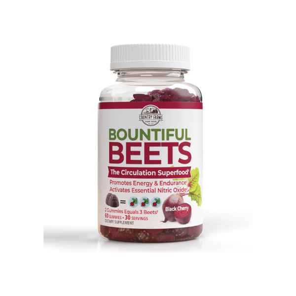 Country Farms Bountiful Beets Gummies, Circulation Superfood, Promotes Energy and Endurance, Nitric Oxide Booster, 30 Servings, White, 60 Count