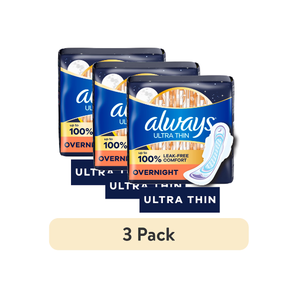(3 pack) Always Ultra Thin Overnight Pads with Wings, Size 4, Overnight, 50 Count