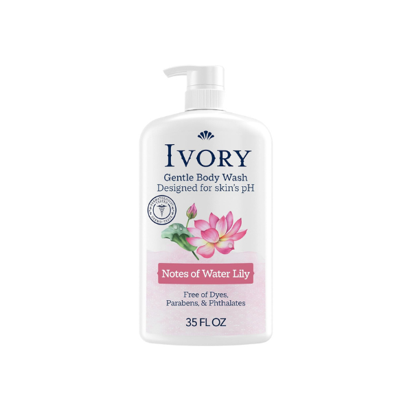 Ivory Body Wash, Designed for the Whole Family, Gentle Formula, Free of Dyes Heavy Perfumes Parabens Phthalates & Silicones, Designed for Skin's pH, Water Lily Scent, 35 oz