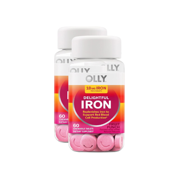 OLLY Delightful Iron Chewable Tablet, Iron Supplement from AB Fortis, Fruit Punch Flavor, 30 or 20 Day Supply - 60 Count (Pack of 2)