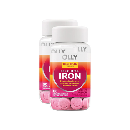 OLLY Delightful Iron Chewable Tablet, Iron Supplement from AB Fortis, Fruit Punch Flavor, 30 or 20 Day Supply - 60 Count (Pack of 2)