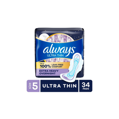 Always Ultra Thin Overnight Pads with Wings, Size 5, Extra Heavy Overnight, 34 Count