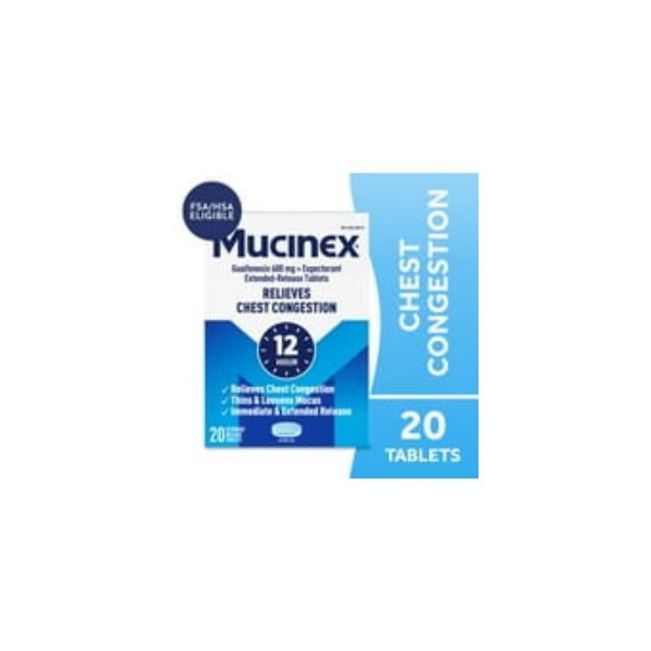 Mucinex 12 Hour Expectorant, OTC Medicine for Excess Mucus Relief, Chest Congestion, FSA, 20 Tablets