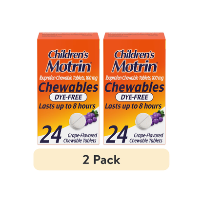 (2 pack) Children's Motrin Dye-Free Ibuprofen Chewable Tablets, Grape, 24 Ct