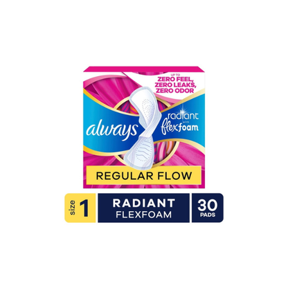 Always Radiant Feminine Pads with Wings, Size 1, Regular Absorbency, Scented, 30 Count
