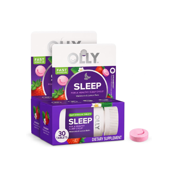 OLLY Sleep Fast Dissolves, 3mg Melatonin, Lemon Balm, Strawberry Flavor, 30 Day Supply - 30 Count (Pack of 2)