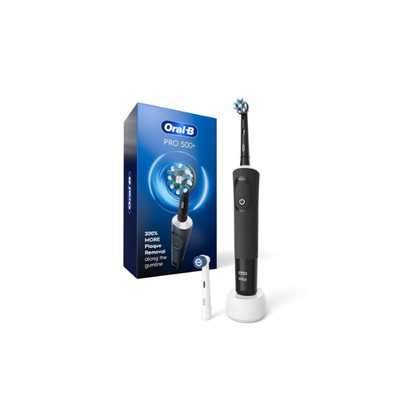 Oral-B Toothbrush, Pro 500 + Electric Toothbrush with (2) Brush Heads, Rechargeable, Black