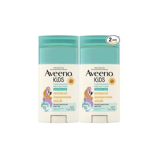 Aveeno Kids Continuous Protection Zinc Oxide Mineral Sunscreen Stick for Sensitive Skin,Face & Body Sunscreen Stick for Kids with Broad Spectrum SPF 50,Sweat- & Water-Resistant,1.5 oz,(Pack of 2)