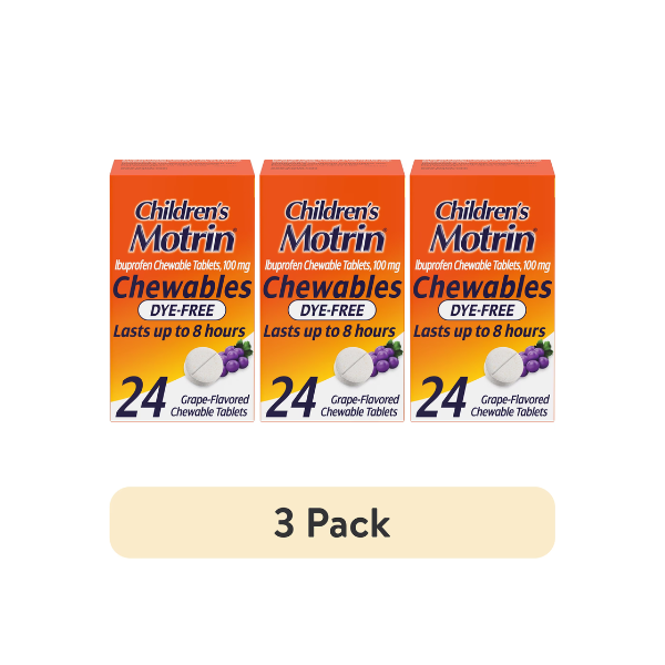 (3 pack) Children's Motrin Dye-Free Ibuprofen Chewable Tablets, Grape, 24 Ct