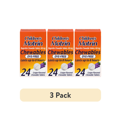 (3 pack) Children's Motrin Dye-Free Ibuprofen Chewable Tablets, Grape, 24 Ct