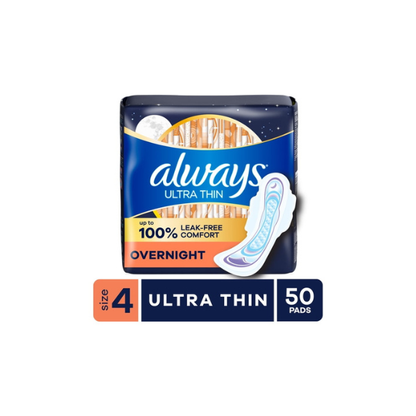 Always Ultra Thin Overnight Pads with Wings, Size 4, Overnight, 50 Count