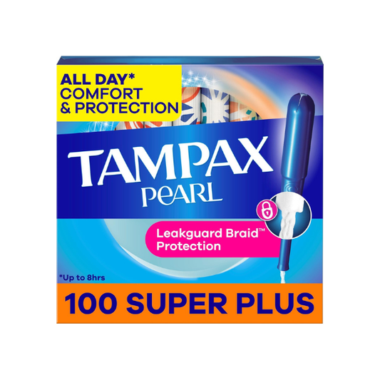 Tampax Pearl Tampons for Women, with LeakGuard Braid, Super Plus Absorbency, Unscented, 100 Count (2 Packs of 50)
