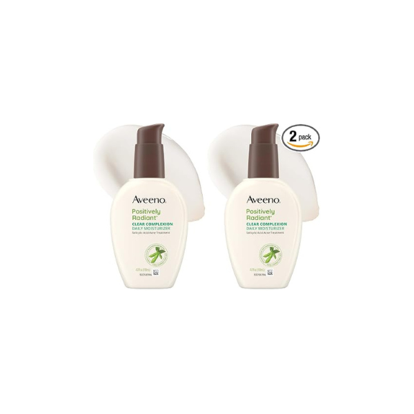 Aveeno Positively Radiant Clear Complexion & Acne Facial Moisturizer with Soy and Salicylic Acid for Oily Skin, Hypoallergenic Formula, Paraben-Free, Non-Comedogenic, Pump, 4 FL OZ, (Pack of 2)