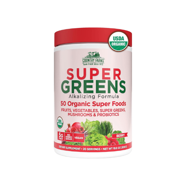 Country Farms Organic Super Greens Powder, Daily Greens Drink Mix with 50 Organic Superfoods, Fruits, Vegetables, Fiber, Mushrooms & Probiotics for Gut Health, Digestion & Energy, Berry Flavor