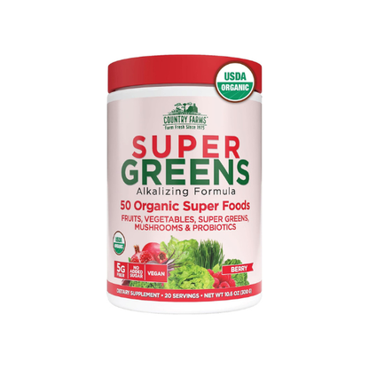 Country Farms Organic Super Greens Powder, Daily Greens Drink Mix with 50 Organic Superfoods, Fruits, Vegetables, Fiber, Mushrooms & Probiotics for Gut Health, Digestion & Energy, Berry Flavor