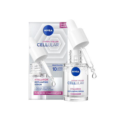 NIVEA Cellular Expert Filler Hyaluron Acid Replumping Serum (15ml), Anti-Ageing For Visibly Smoother, Hydrated, and Supple Skin, Dermatologically Approved Hyaluronic Acid Serum, Mini Size