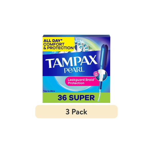 (3 pack) Pearl Tampons, with LeakGuard Braid, Super Absorbency, Unscented, 36 Count
