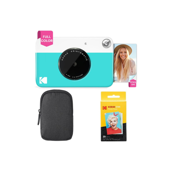 Kodak Printomatic Full-Color Instant Print Camera Starter Bundle + Carrying Case + Zink 20pk Photo Paper - Colorful Photos On 2x3 Sticky-Back Paper - Fun Gift for Birthday Christmas Holiday - Blue