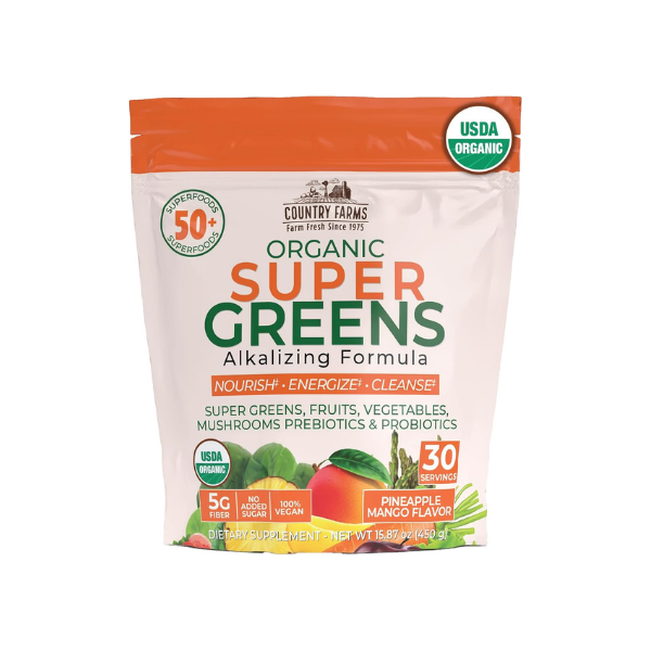 Country Farms Super Greens Pineapple-Mango Flavor, 50 Organic Super Foods, USDA Organic Drink Mix (Wheat Grass, Spirulina, Chlorella) Mushrooms & Probiotics, with Fiber, Natural Energy, 30 Servings