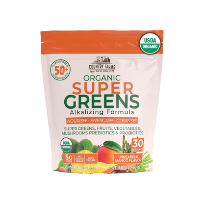 Country Farms Super Greens Pineapple-Mango Flavor, 50 Organic Super Foods, USDA Organic Drink Mix (Wheat Grass, Spirulina, Chlorella) Mushrooms & Probiotics, with Fiber, Natural Energy, 30 Servings