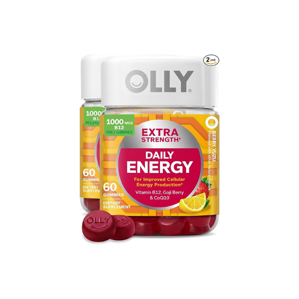 OLLY Extra Strength Daily Energy Gummy,Caffeine Free,1000mcg Vitamin B12,CoQ10,Goji Berry,Adult Chewable Supplement,Berry Yuzu Flavor -,60 Count (Pack of 2)