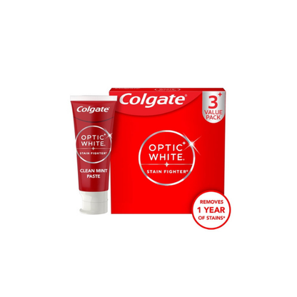 Colgate Optic White Stain Fighter Clean Mint, Teeth Whitening Anticavity Toothpaste, 3 Pack, 3.8 OZ