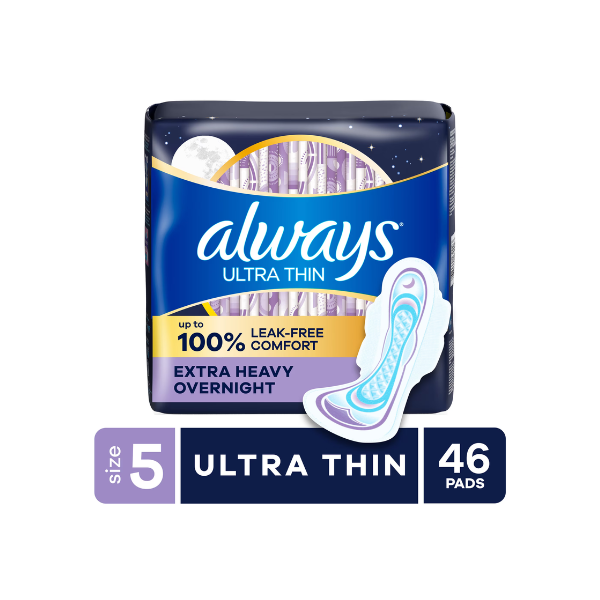 Always Ultra Thin Overnight Pads with Wings, Size 5, Extra Heavy Overnight, 46 Count