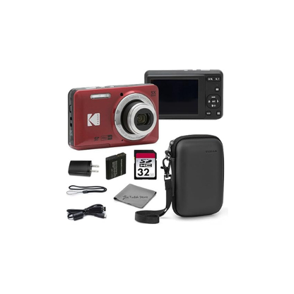Kodak PIXPRO FZ55 Red 16MP CMOS Sensor Digital Camera 5X Optical Zoom 28mm Wide Angle 1080P Full HD Video 2.7" LCD Vlogging Camera Bundle with Tudak Compatible Case, 32GB SD Card & Microfiber Cloth