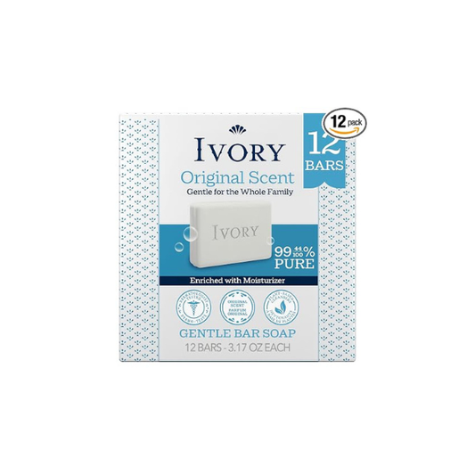 Ivory Gentle Bar Soap, Designed for Whole Family, 99.44% Pure Formula, Plant-Based Cleanser, Made Without Heavy Perfumes, Parabens & Phthalates, for All Skin Types, Original Scent, 3.17 oz (12 Count)