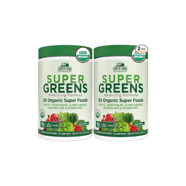 Country Farms Super Greens Natural Flavor, 50 Organic Super Foods, USDA Organic Drink Mix, Fruits, Vegetables, Super Greens, Mushrooms & Probiotics, Supports Energy, 40 Servings, 10.6 Oz, 2 Pack