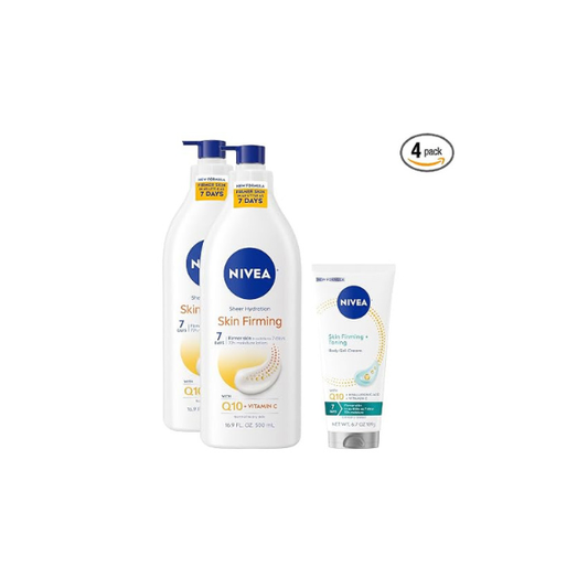 NIVEA Sheer Hydration Skin Firming Body Lotion (16.9 Fl Oz) + Skin Firming & Toning Body Gel Cream with Hyaluronic Acid (6.7 Oz),Enriched with Q10 and Vitamin C,(Pack of 4)