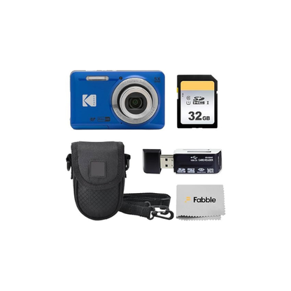 KODAK PIXPRO FZ55 16MP Digital Point & Shoot Camera, 5X Optical Zoom, 28mm Wide Angle, 1080P Full HD Video, Bundle with 32GB SD Card, Protective Case, and Hi-Speed Card Reader (Blue)