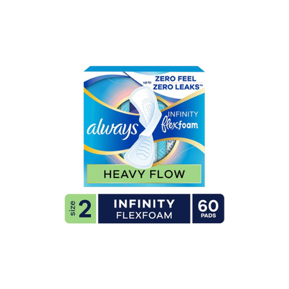 Always Infinity FlexFoam Pads for Women, Size 2, Heavy Pad with Wings, Unscented, 60 Count