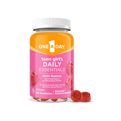 One A Day Teen Girl’s Daily Essentials Multivitamin Gummies, Teen Girl Multivitamins with Biotin, Vitamin B12 and B6, Vitamin C, Raspberry Natural Flavor, 120 Gummies