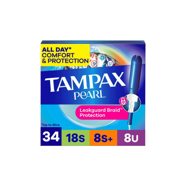Tampax Pearl Tampons Multipack with LeakGuard Braid, Super/Super Plus/Ultra, 34 Count
